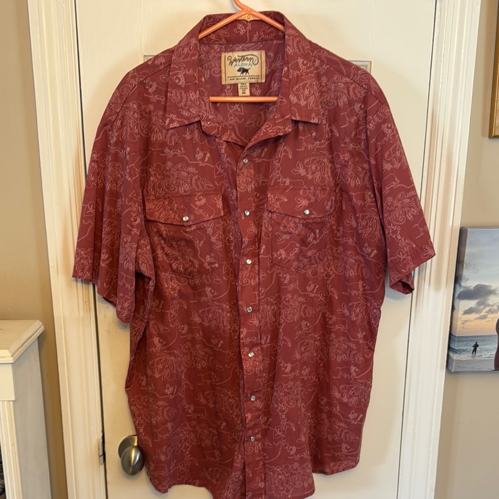 Western Aloha Red Relaxed Fit Casual Pearl Snap Button Down Shirt